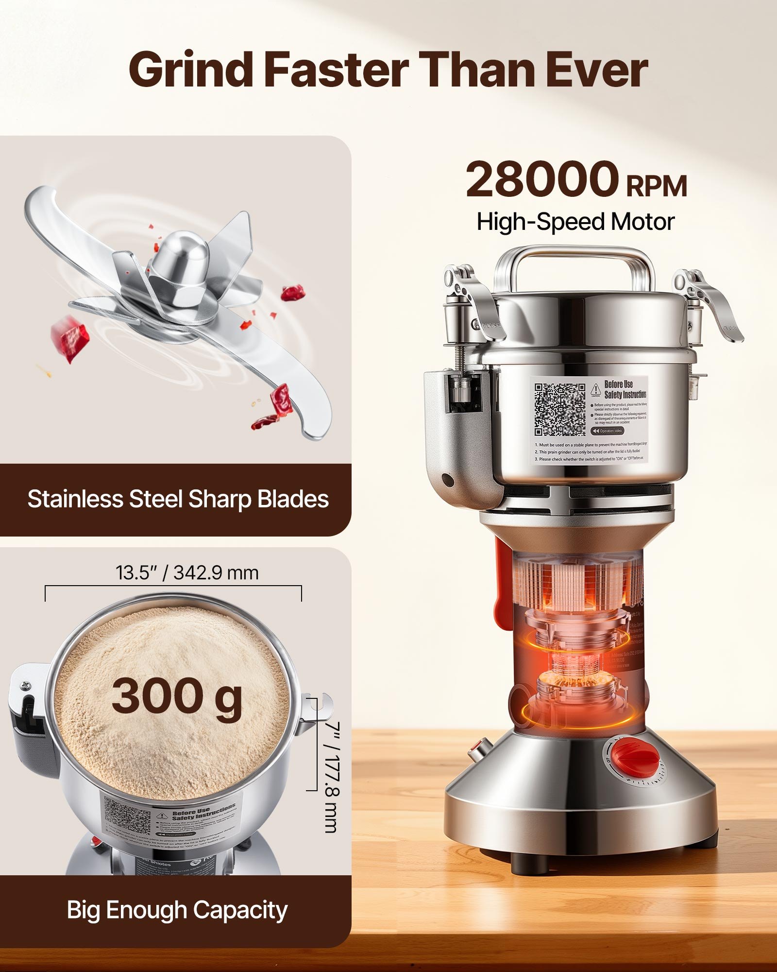 VEVOR 300g Electric Grain Mill Grinder, High Speed 1500W Commercial Spice Grinders, Stainless Steel Pulverizer Powder Machine, for Dry Grains Spices Cereals Coffee Corn Pepper, Straight Type