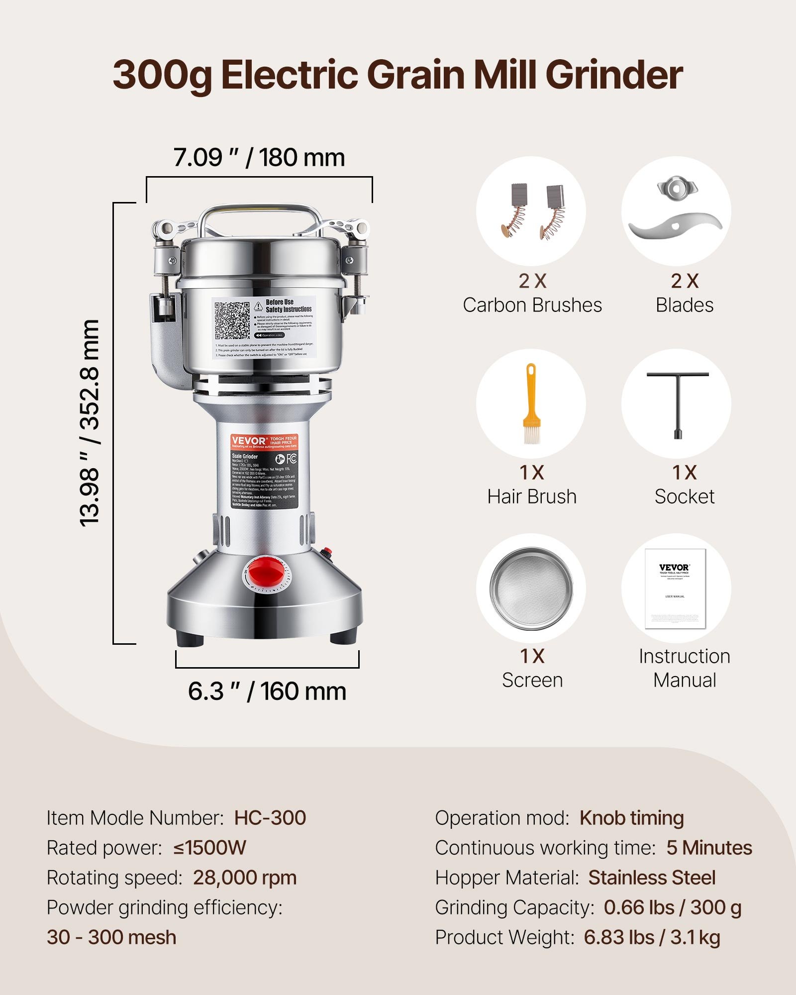 VEVOR 300g Electric Grain Mill Grinder, High Speed 1500W Commercial Spice Grinders, Stainless Steel Pulverizer Powder Machine, for Dry Grains Spices Cereals Coffee Corn Pepper, Straight Type