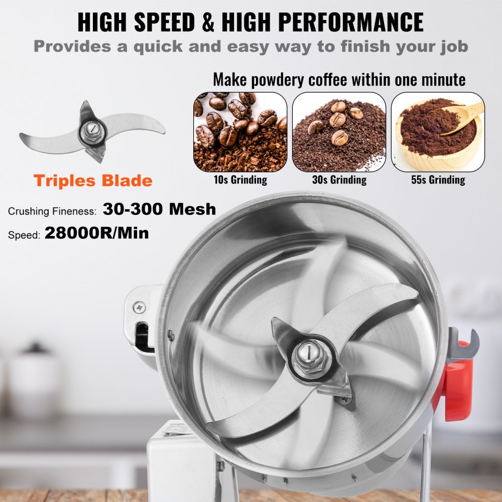 VEVOR 500g Electric Grain Mill Grinder, High Speed 2000W Commercial Spice Grinders, Stainless Steel Pulverizer Powder Machine, for Dry Grains Spices Cereals Coffee Corn Pepper, Swing Type