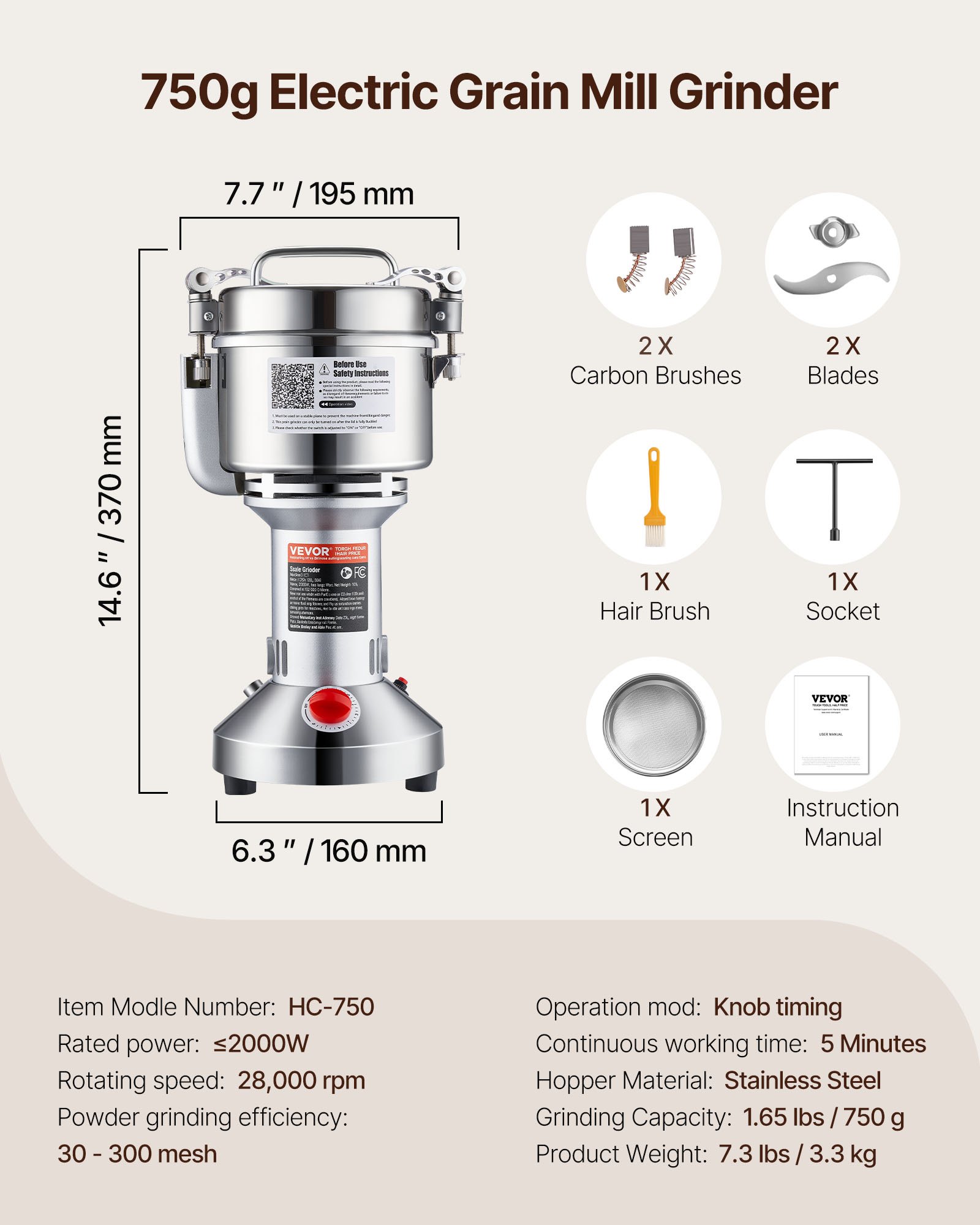 VEVOR 750g Electric Grain Mill Grinder, High Speed 2000W Commercial Spice Grinders, Stainless Steel Pulverizer Powder Machine, for Dry Grains Spices Cereals Coffee Corn Pepper, Straight Type