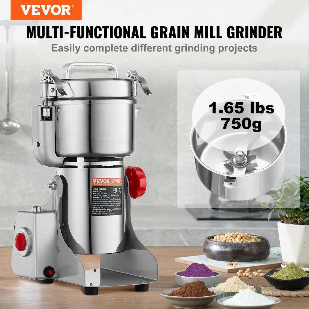 VEVOR 750g Electric Grain Mill Grinder, High Speed 2000W Commercial Spice Grinders, Stainless Steel Pulverizer Powder Machine, for Dry Grains Spices Cereals Coffee Corn Pepper, Swing Type