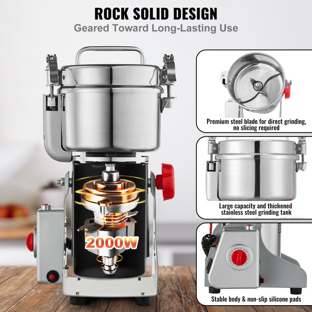 VEVOR 750g Electric Grain Mill Grinder, High Speed 2000W Commercial Spice Grinders, Stainless Steel Pulverizer Powder Machine, for Dry Grains Spices Cereals Coffee Corn Pepper, Swing Type
