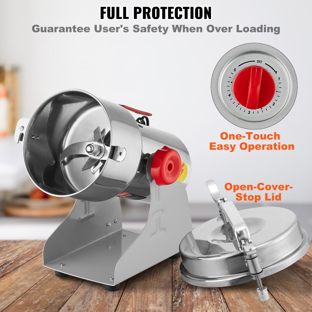 VEVOR 750g Electric Grain Mill Grinder, High Speed 2000W Commercial Spice Grinders, Stainless Steel Pulverizer Powder Machine, for Dry Grains Spices Cereals Coffee Corn Pepper, Swing Type