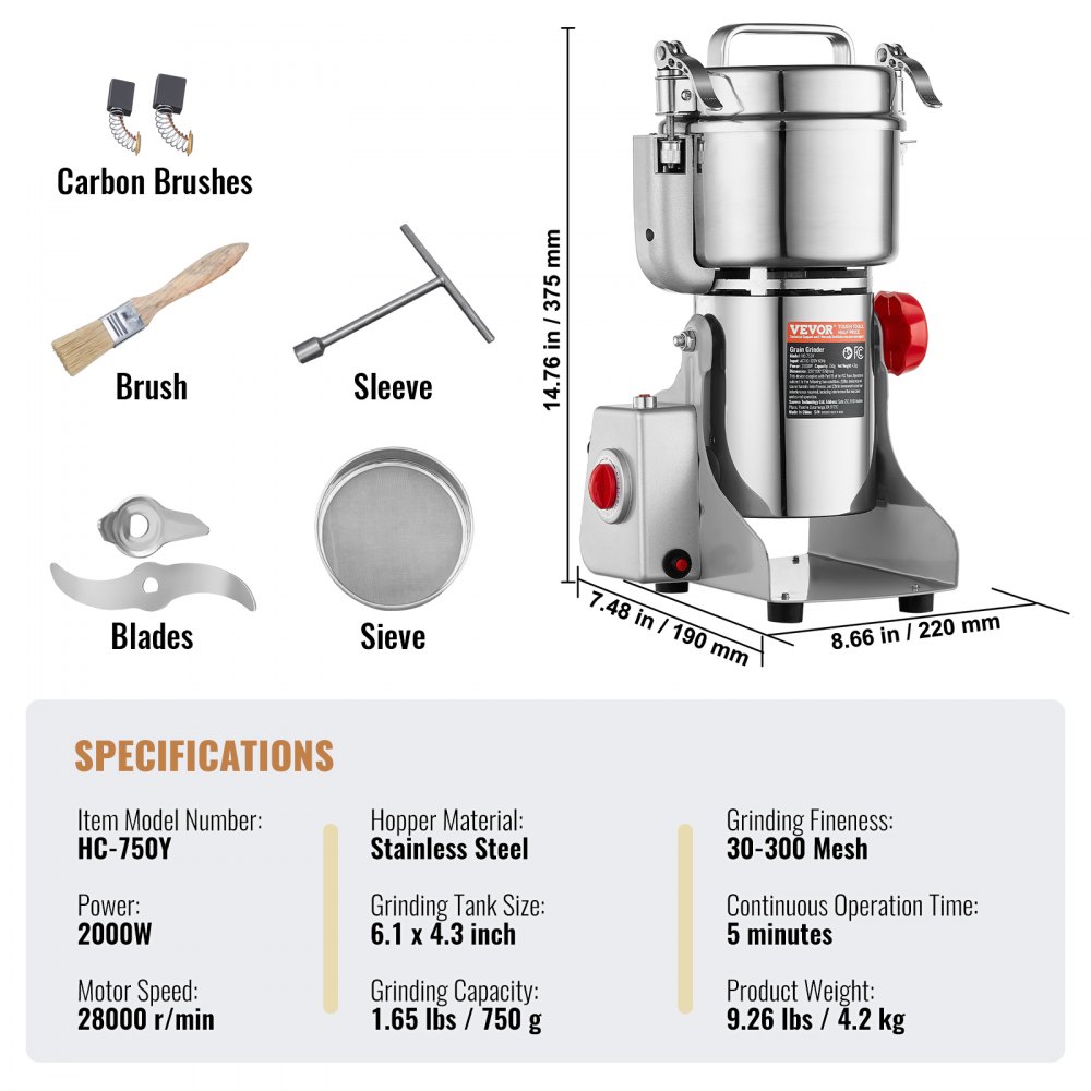 VEVOR 750g Electric Grain Mill Grinder, High Speed 2000W Commercial Spice Grinders, Stainless Steel Pulverizer Powder Machine, for Dry Grains Spices Cereals Coffee Corn Pepper, Swing Type