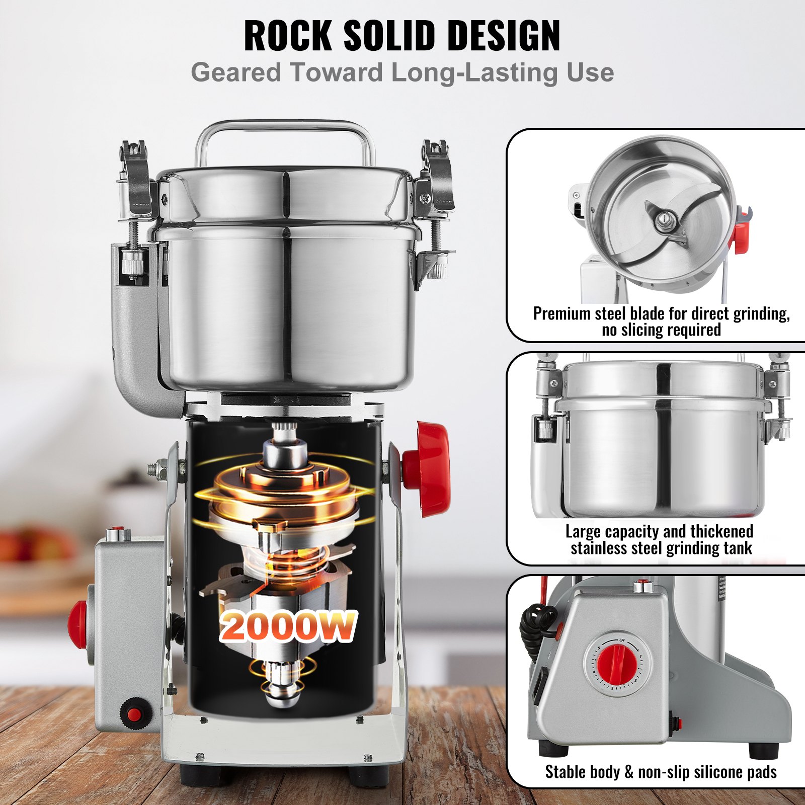 VEVOR 750g Electric Grain Mill Grinder, High Speed 2000W Commercial Spice Grinders, Stainless Steel Pulverizer Powder Machine, for Dry Grains Spices Cereals Coffee Corn Pepper, Swing Type