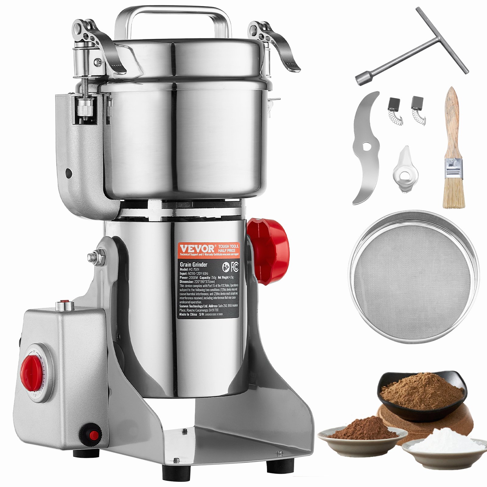 VEVOR 750g Electric Grain Mill Grinder, High Speed 2000W Commercial Spice Grinders, Stainless Steel Pulverizer Powder Machine, for Dry Grains Spices Cereals Coffee Corn Pepper, Swing Type