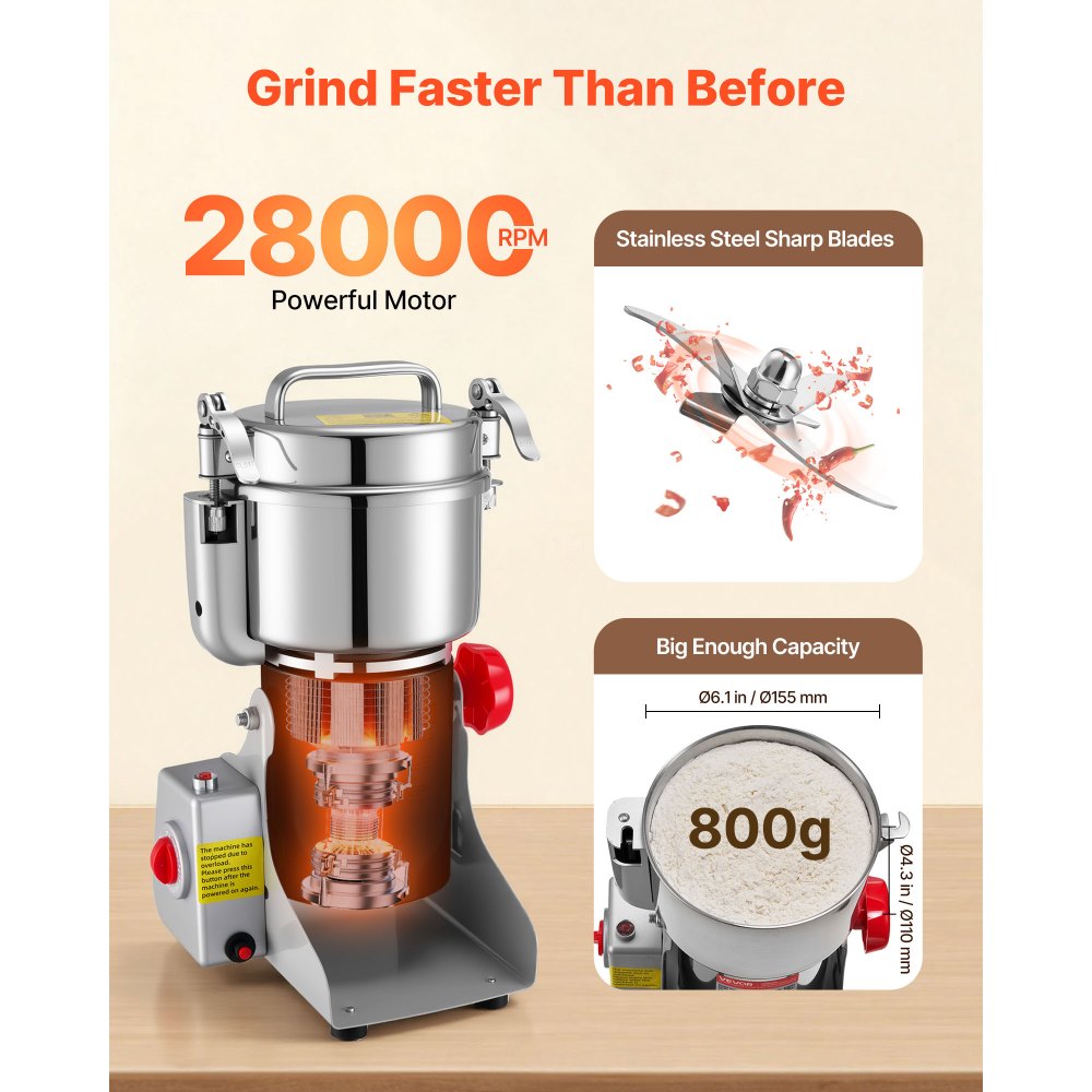 VEVOR Electric Grain Mill Grinder, 800g Commercial Spice Grinders, High Speed 2100W Stainless Steel Pulverizer Powder Machine, for Dry Grains, Spices, Cereals, Coffee, Corn & Pepper, Swing Type
