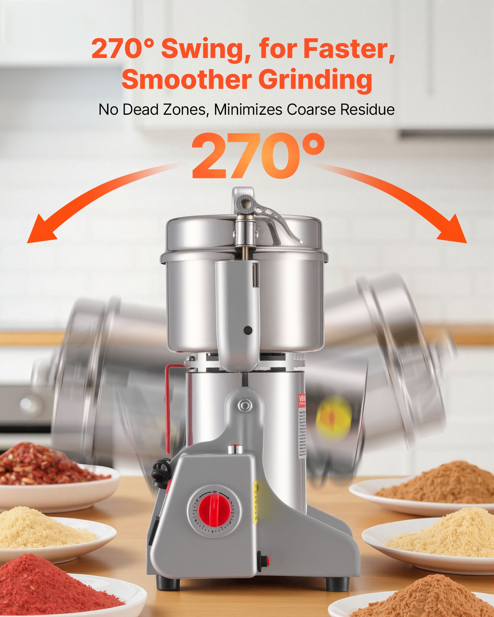 VEVOR Electric Grain Mill Grinder, 800g Commercial Spice Grinders, High Speed 2100W Stainless Steel Pulverizer Powder Machine, for Dry Grains, Spices, Cereals, Coffee, Corn & Pepper, Swing Type