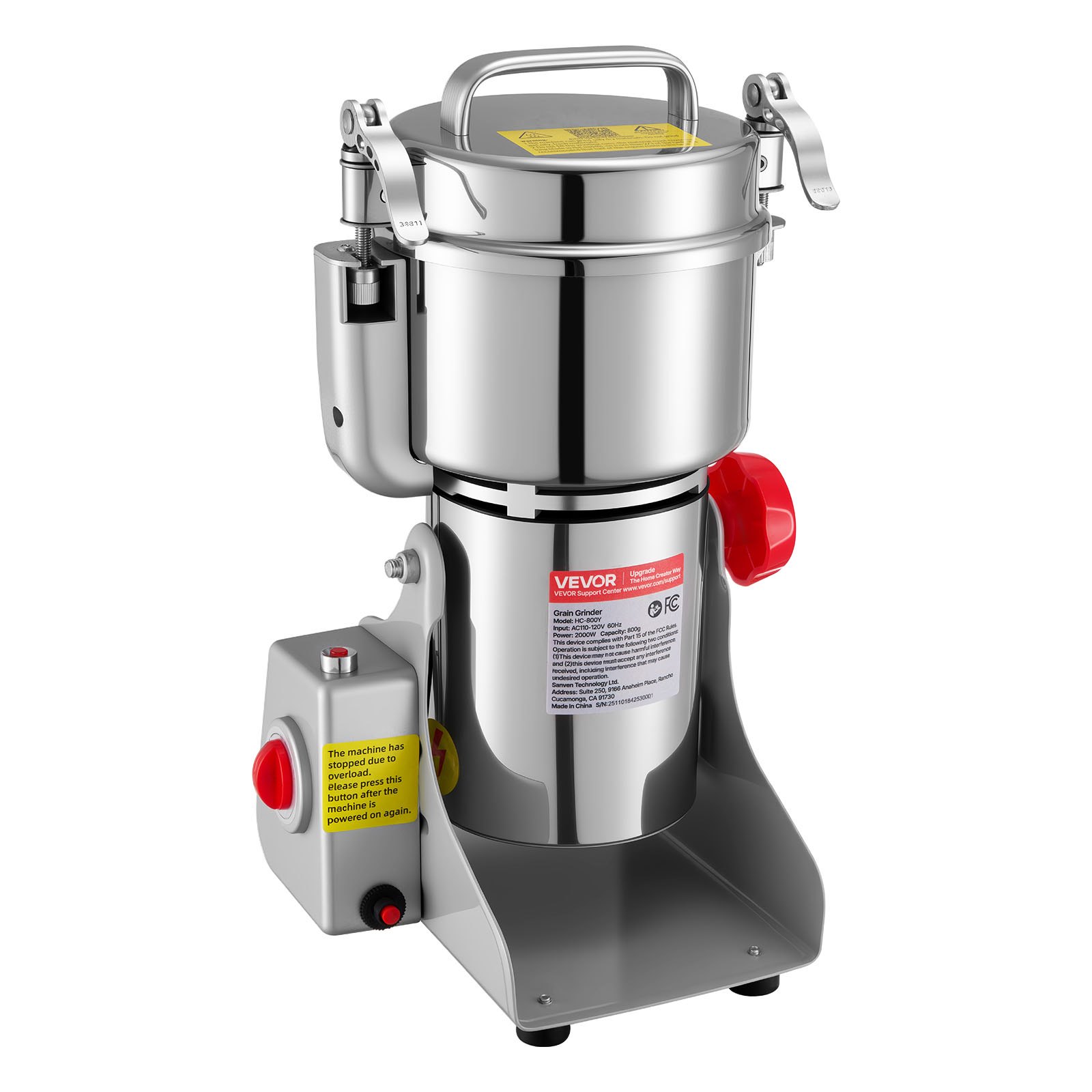 VEVOR Electric Grain Mill Grinder, 800g Commercial Spice Grinders, High Speed 2100W Stainless Steel Pulverizer Powder Machine, for Dry Grains, Spices, Cereals, Coffee, Corn & Pepper, Swing Type