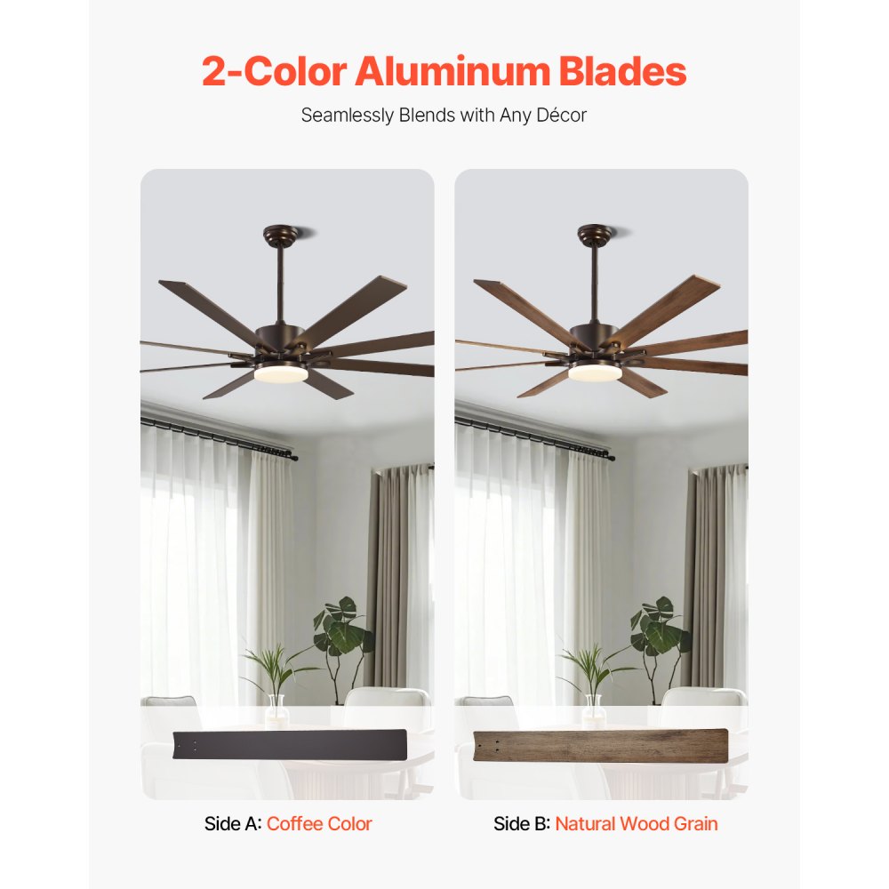 Ventilador de techo VEVOR de 72 pulgadas con luz, control remoto de 6 velocidades, temperatura de color regulable de 3 colores, motor de CC reversible, ventilador moderno de perfil bajo para montaje empotrado en dormitorio, sala de estar, uso interior/exterior, color café.