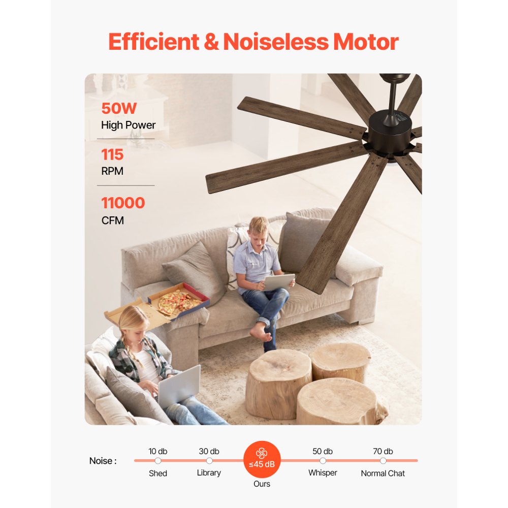 Ventilador de techo VEVOR de 72 pulgadas con luz, control remoto de 6 velocidades, temperatura de color regulable de 3 colores, motor de CC reversible, ventilador moderno de perfil bajo para montaje empotrado en dormitorio, sala de estar, uso interior/exterior, color café.