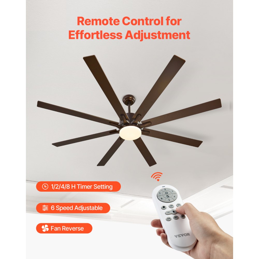 Ventilador de techo VEVOR de 72 pulgadas con luz, control remoto de 6 velocidades, temperatura de color regulable de 3 colores, motor de CC reversible, ventilador moderno de perfil bajo para montaje empotrado en dormitorio, sala de estar, uso interior/exterior, color café.