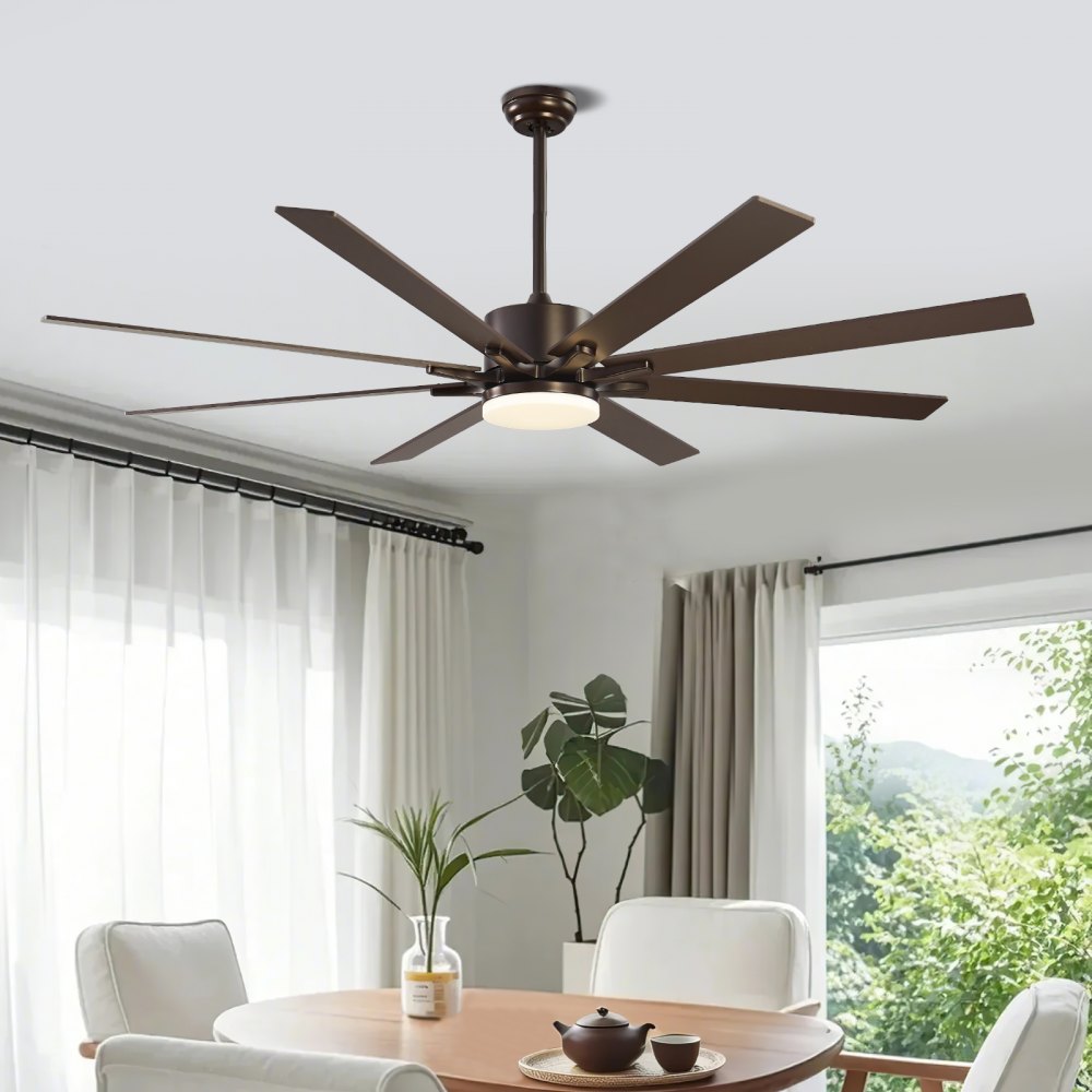 Ventilador de techo VEVOR de 72 pulgadas con luz, control remoto de 6 velocidades, temperatura de color regulable de 3 colores, motor de CC reversible, ventilador moderno de perfil bajo para montaje empotrado en dormitorio, sala de estar, uso interior/exterior, color café.
