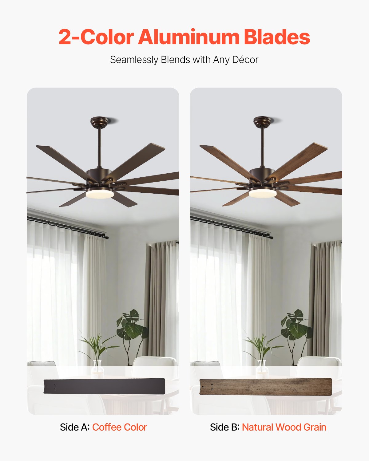 Ventilador de techo VEVOR de 72 pulgadas con luz, control remoto de 6 velocidades, temperatura de color regulable de 3 colores, motor de CC reversible, ventilador moderno de perfil bajo para montaje empotrado en dormitorio, sala de estar, uso interior/exterior, color café.