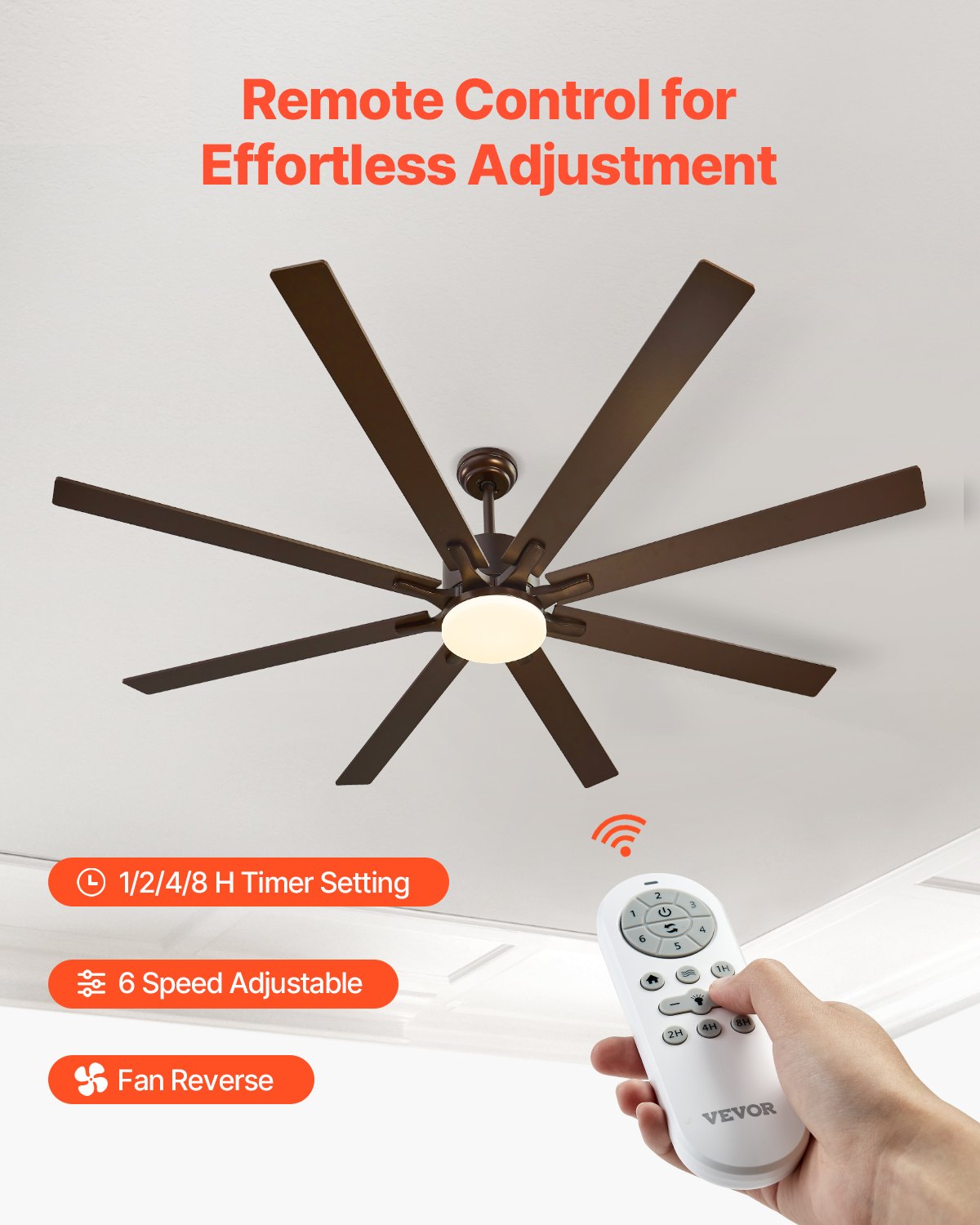 Ventilador de techo VEVOR de 72 pulgadas con luz, control remoto de 6 velocidades, temperatura de color regulable de 3 colores, motor de CC reversible, ventilador moderno de perfil bajo para montaje empotrado en dormitorio, sala de estar, uso interior/exterior, color café.