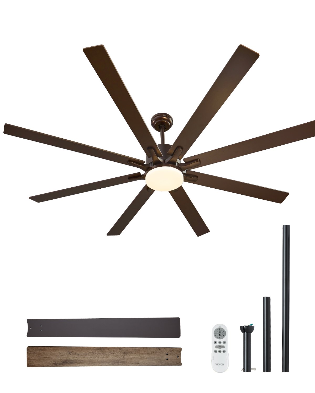 Ventilador de techo VEVOR de 72 pulgadas con luz, control remoto de 6 velocidades, temperatura de color regulable de 3 colores, motor de CC reversible, ventilador moderno de perfil bajo para montaje empotrado en dormitorio, sala de estar, uso interior/exterior, color café.
