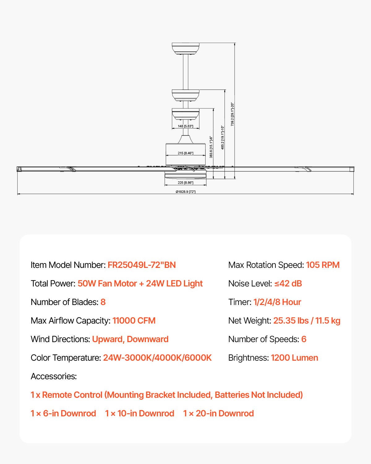 VEVOR 72 In Ceiling Fan with Light, 6-Speed Remote Control, Dimmable 3-Color Temperature, Reversible DC Motor, Low Profile Flush Mount Fan for Bedroom, Living Room, Indoor/Outdoor Use, Brushed Nickel