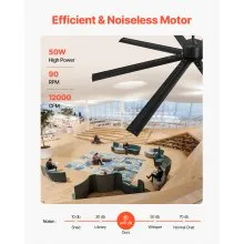 VEVOR 84 Inch Ceiling Fan with Light, 6-Speed Remote Control, Dimmable 3-Color Temperature, Reversible DC Motor, Modern Low Profile Flush Mount Fan for Bedroom, Living Room, Indoor/Outdoor Use, Black