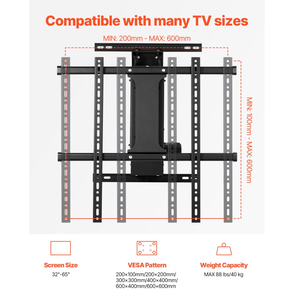 VEVOR Motorized TV Wall Mount, TV Mount for 32 to 65 Inch TV, Electric Adjustable Ceiling TV Mount, Motorized Flip Down TV Mount Bracket with Max VESA 24 x 24 in, Fits TVs Up to 88 lbs