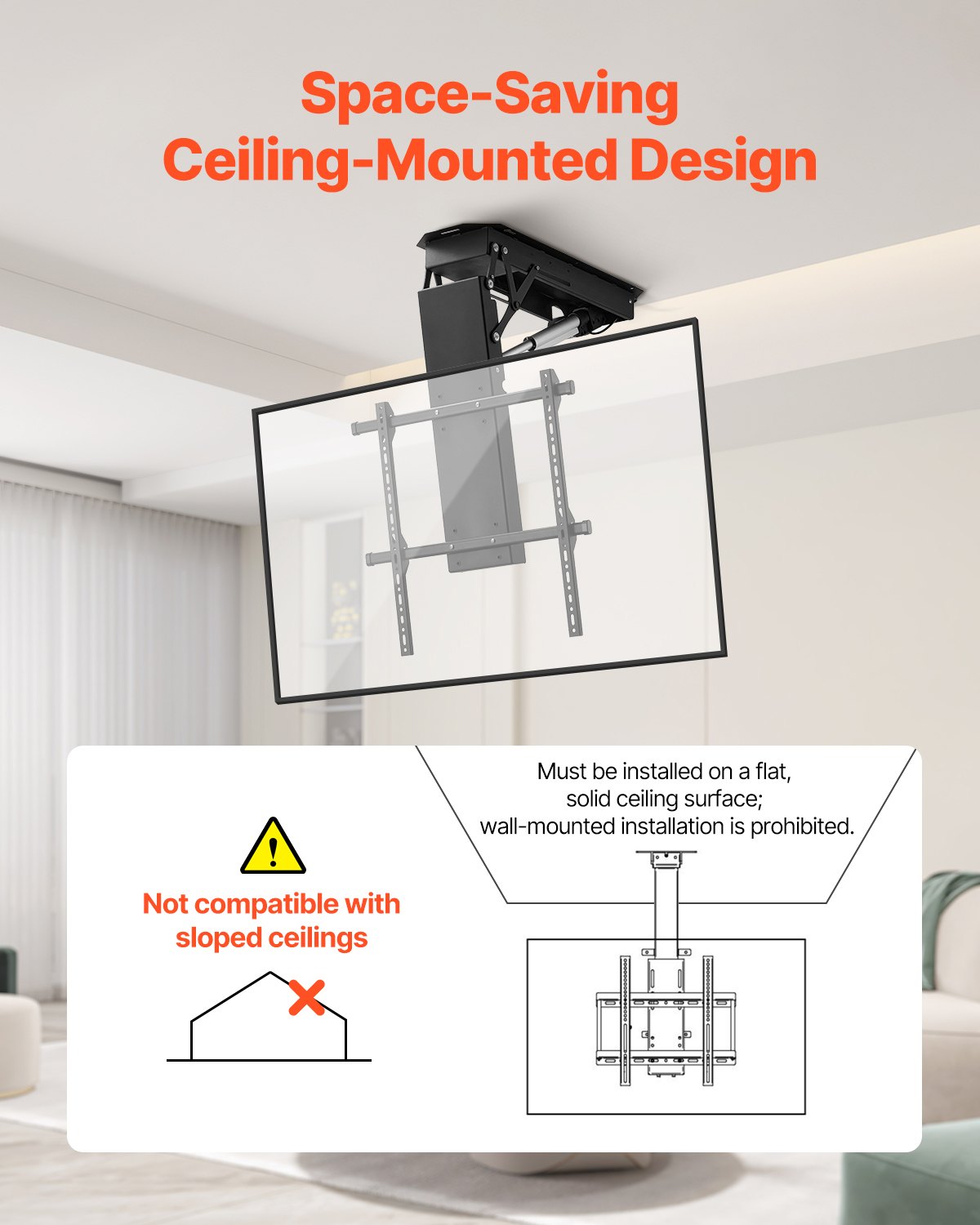 VEVOR Motorized Ceiling TV Mount, TV Wall Mount for 32 to 70 Inch TV, Electric Adjustable Ceiling TV Mount, Motorized Flip Down TV Mount Bracket with Max VESA 24 x 24 in, Fits TVs Up to 110 lbs