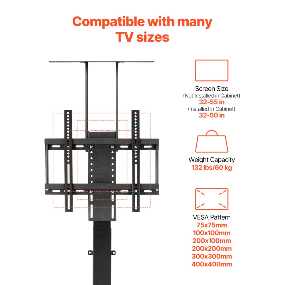 VEVOR Motorized TV Lift Stand, 132 lbs max Load Adjustable TV Lift Stand Mount Bracket, Vertical Electric TV Bracket with Remote Control, for 32-55 in (Not in Cabinet) / 32 - 50 in (in Cabinet) TVs