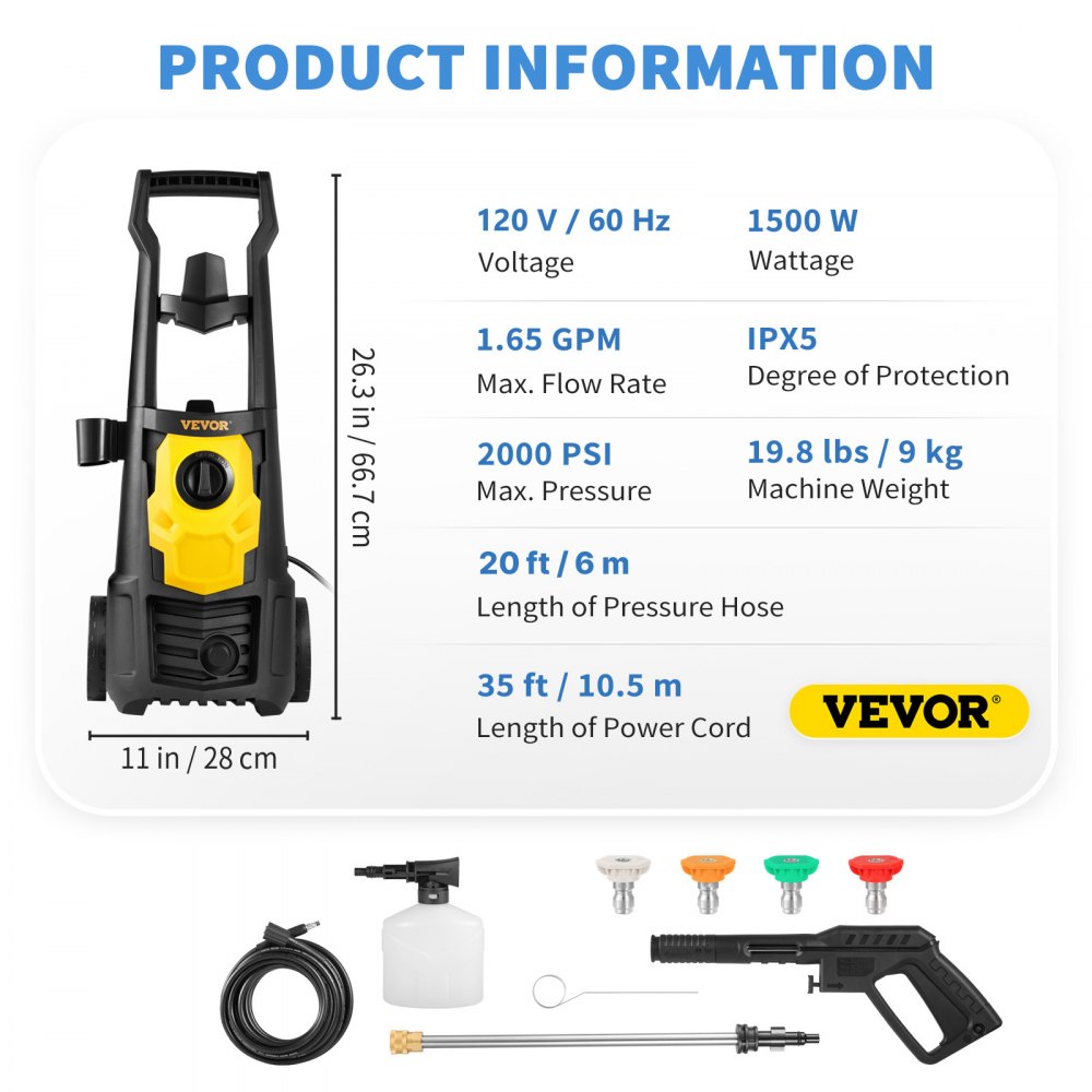 VEVOR Electric Power Washer, 2000 PSI, Max 1.65 GPM Pressure Washer with 20 ft Hose & Reel, 5 Quick Connect Nozzles, Foam Cannon, Portable to Clean Patios, Cars, Fences, Driveways, ETL Listed
