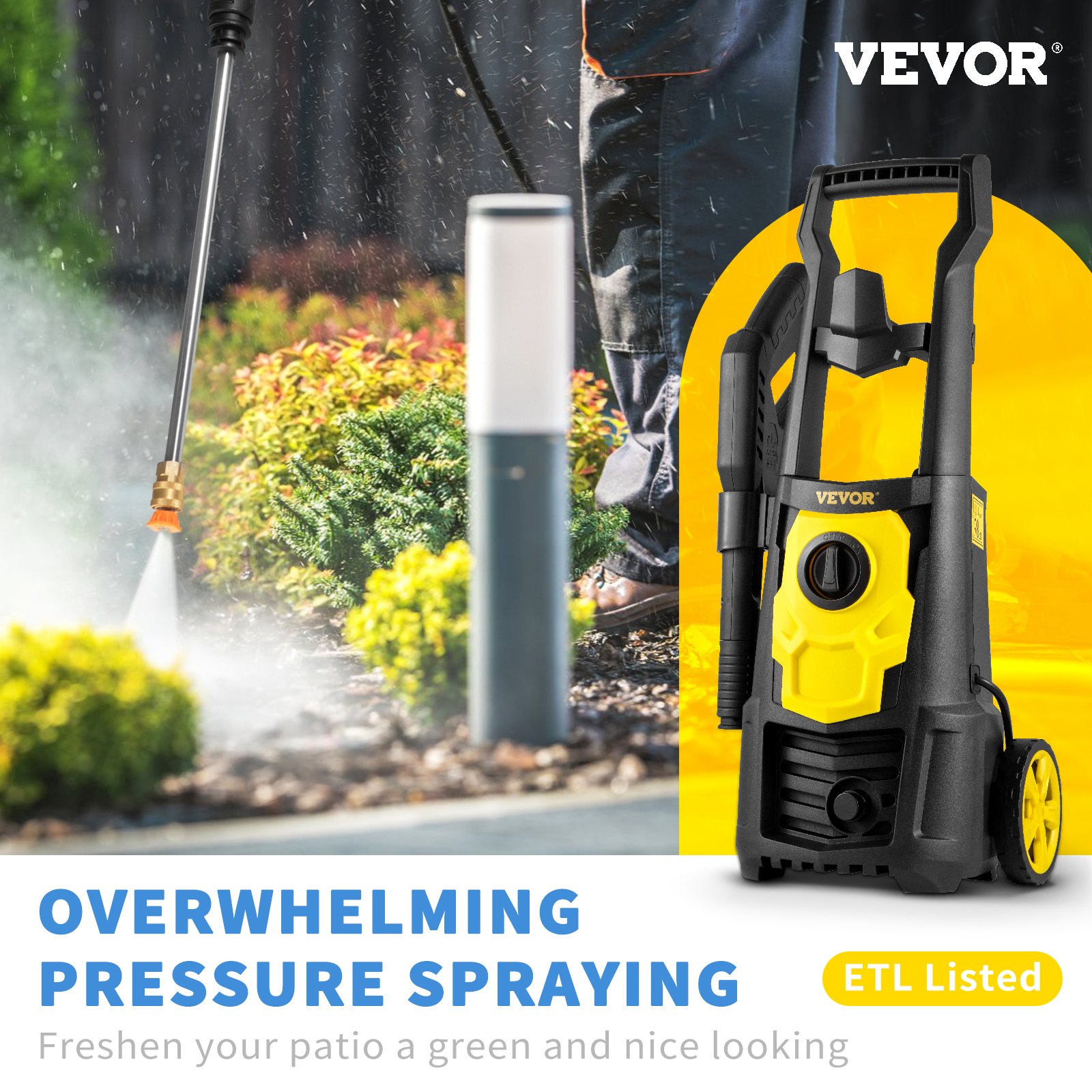 VEVOR Electric Power Washer, 2000 PSI, Max 1.65 GPM Pressure Washer with 20 ft Hose & Reel, 5 Quick Connect Nozzles, Foam Cannon, Portable to Clean Patios, Cars, Fences, Driveways, ETL Listed