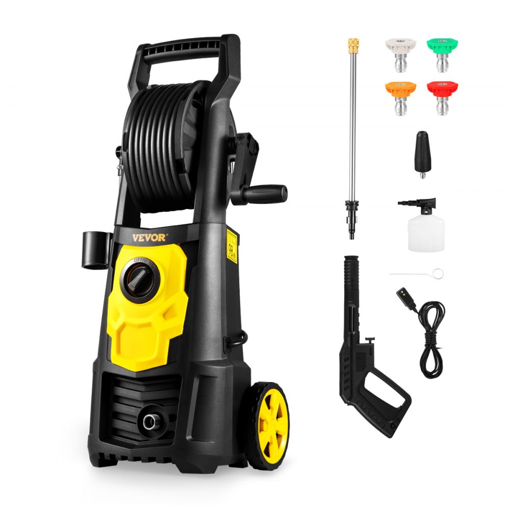 VEVOR electric pressure washer with hose reel, spray gun, various nozzles, and foam bottle.