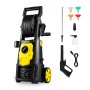 VEVOR electric pressure washer with hose reel, spray gun, various nozzles, and foam bottle.