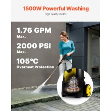 VEVOR Electric Pressure Washer, 2000 PSI, Max. 1.76 GPM Power Washer w/ 30 ft Hose, 5 Quick Connect Nozzles, Foam Cannon, Portable to Clean Patios, Cars, Fences, Driveways, ETL Listed