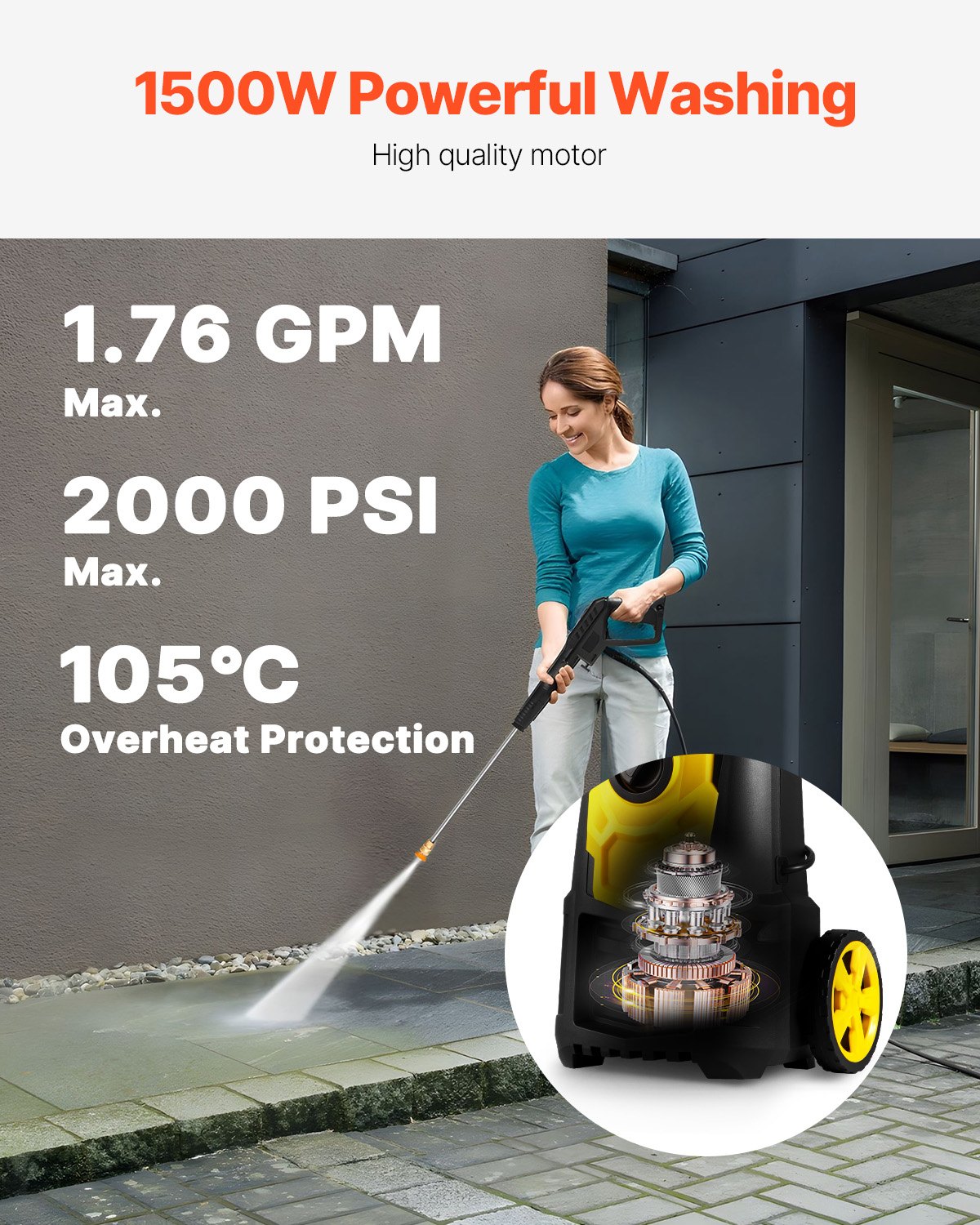 VEVOR Electric Pressure Washer, 2000 PSI, Max. 1.76 GPM Power Washer with 30 ft Hose, 5 Quick Connect Nozzles, Foam Cannon, Portable to Clean Patios, Cars, Fences, Driveways, ETL Listed