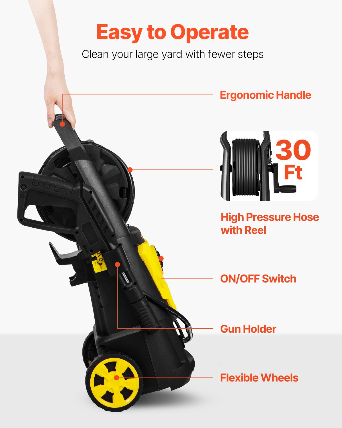 VEVOR Electric Pressure Washer, 2000 PSI, Max. 1.76 GPM Power Washer with 30 ft Hose, 5 Quick Connect Nozzles, Foam Cannon, Portable to Clean Patios, Cars, Fences, Driveways, ETL Listed