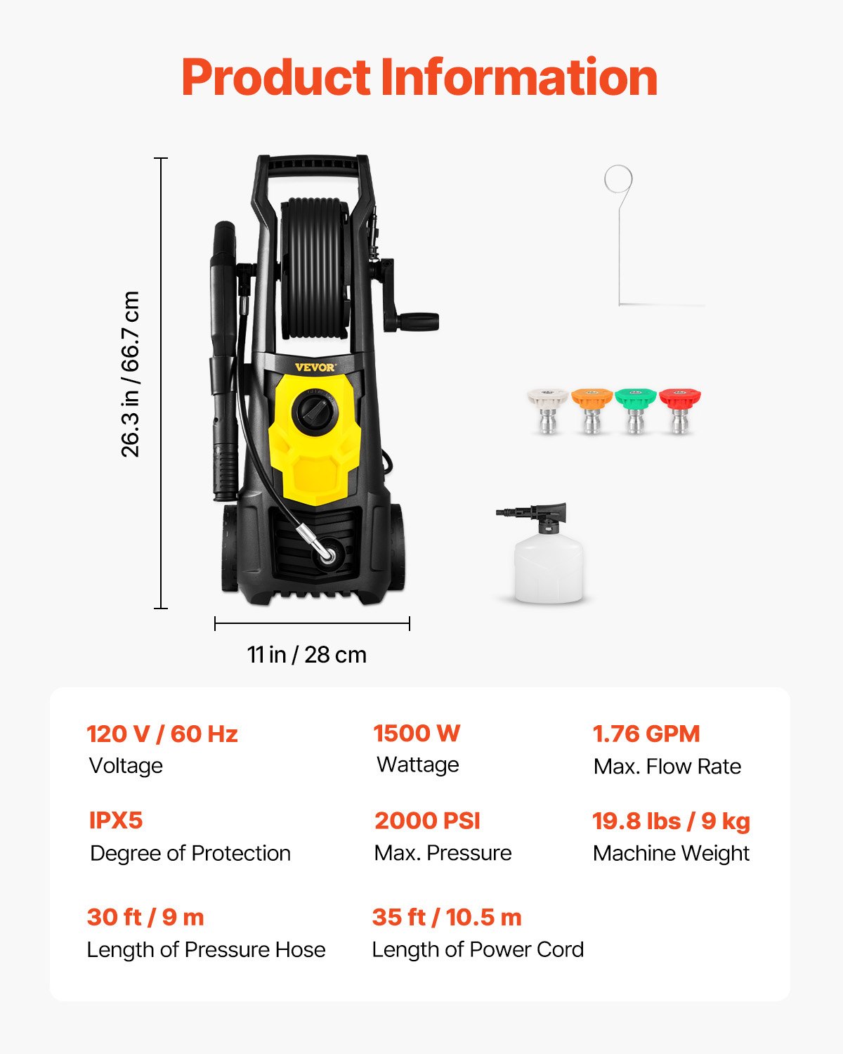 VEVOR Electric Pressure Washer, 2000 PSI, Max. 1.76 GPM Power Washer with 30 ft Hose, 5 Quick Connect Nozzles, Foam Cannon, Portable to Clean Patios, Cars, Fences, Driveways, ETL Listed