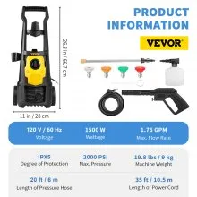 VEVOR Electric Pressure Washer, 2000 PSI, Max. 1.76 GPM Power Washer with 30 ft Hose, 5 Quick Connect Nozzles, Foam Cannon, Portable to Clean Patios, Cars, Fences, Driveways, ETL Listed