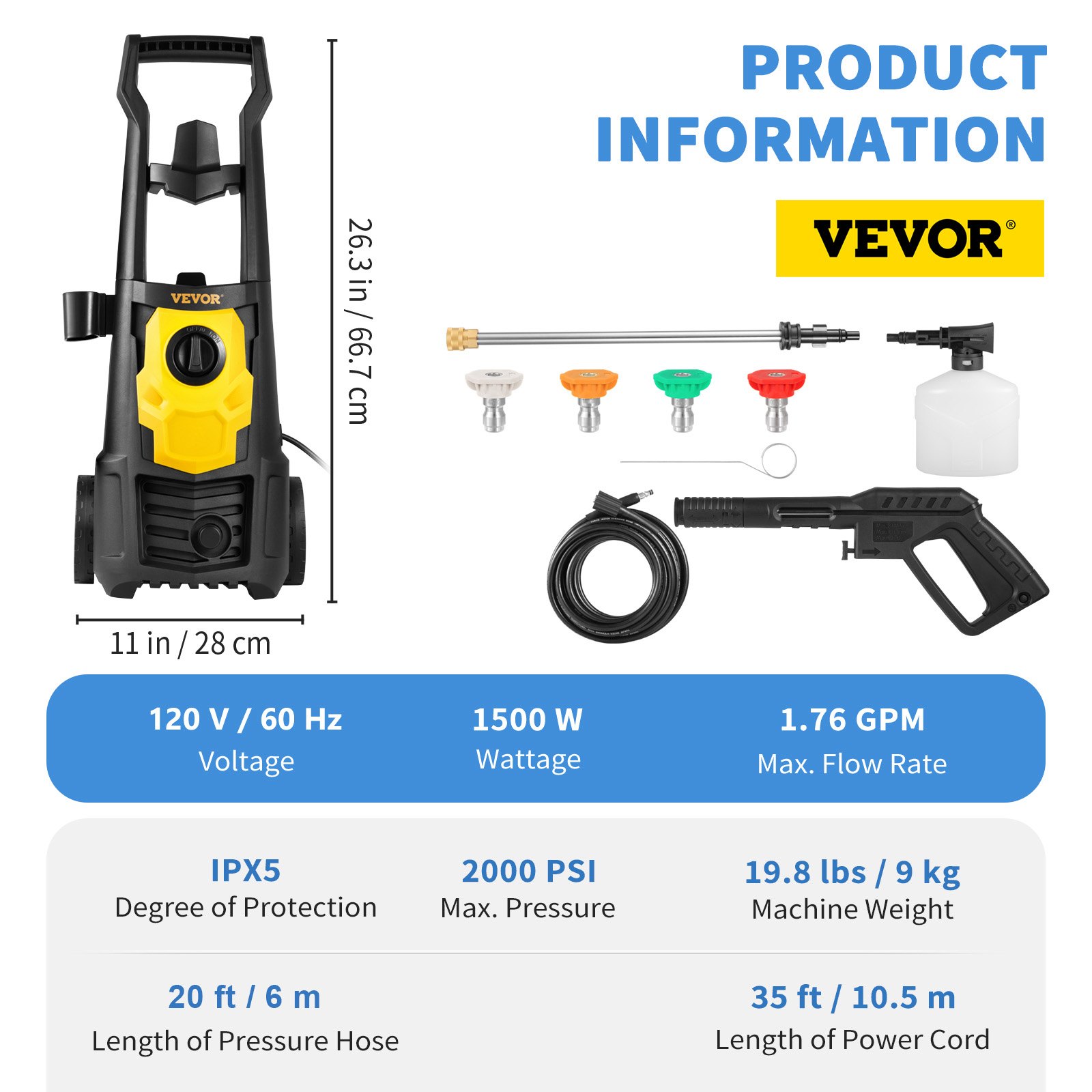 VEVOR Electric Pressure Washer, 2000 PSI, Max. 1.76 GPM Power Washer with 30 ft Hose, 5 Quick Connect Nozzles, Foam Cannon, Portable to Clean Patios, Cars, Fences, Driveways, ETL Listed