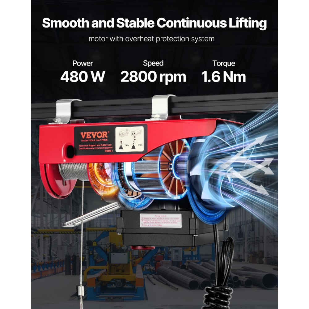 VEVOR Wireless Electric Hoist, 440 lbs 110V Electric Steel Wire Winch with Wireless Remote Control, 40ft Single Cable Lifting Height & Pure Copper Motor, for Garage Warehouse Factory