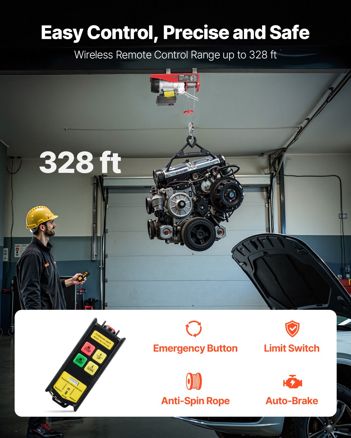 VEVOR Wireless Electric Hoist, 440 lbs 110V Electric Steel Wire Winch with Wireless Remote Control, 40ft Single Cable Lifting Height & Pure Copper Motor, for Garage Warehouse Factory