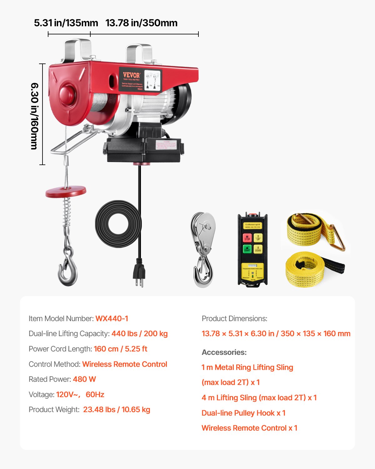 VEVOR Wireless Electric Hoist, 440 lbs 110V Electric Steel Wire Winch with Wireless Remote Control, 40ft Single Cable Lifting Height & Pure Copper Motor, for Garage Warehouse Factory