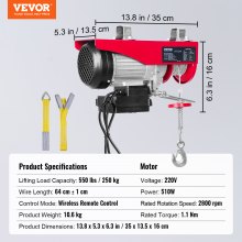 VEVOR Electric Hoist, 550 lbs Lifting Capacity, 510W 220V Electric Steel Wire Winch with Wireless Remote Control, 40ft Single Cable Lifting Height & Pure Copper Motor, for Garage Warehouse Factory