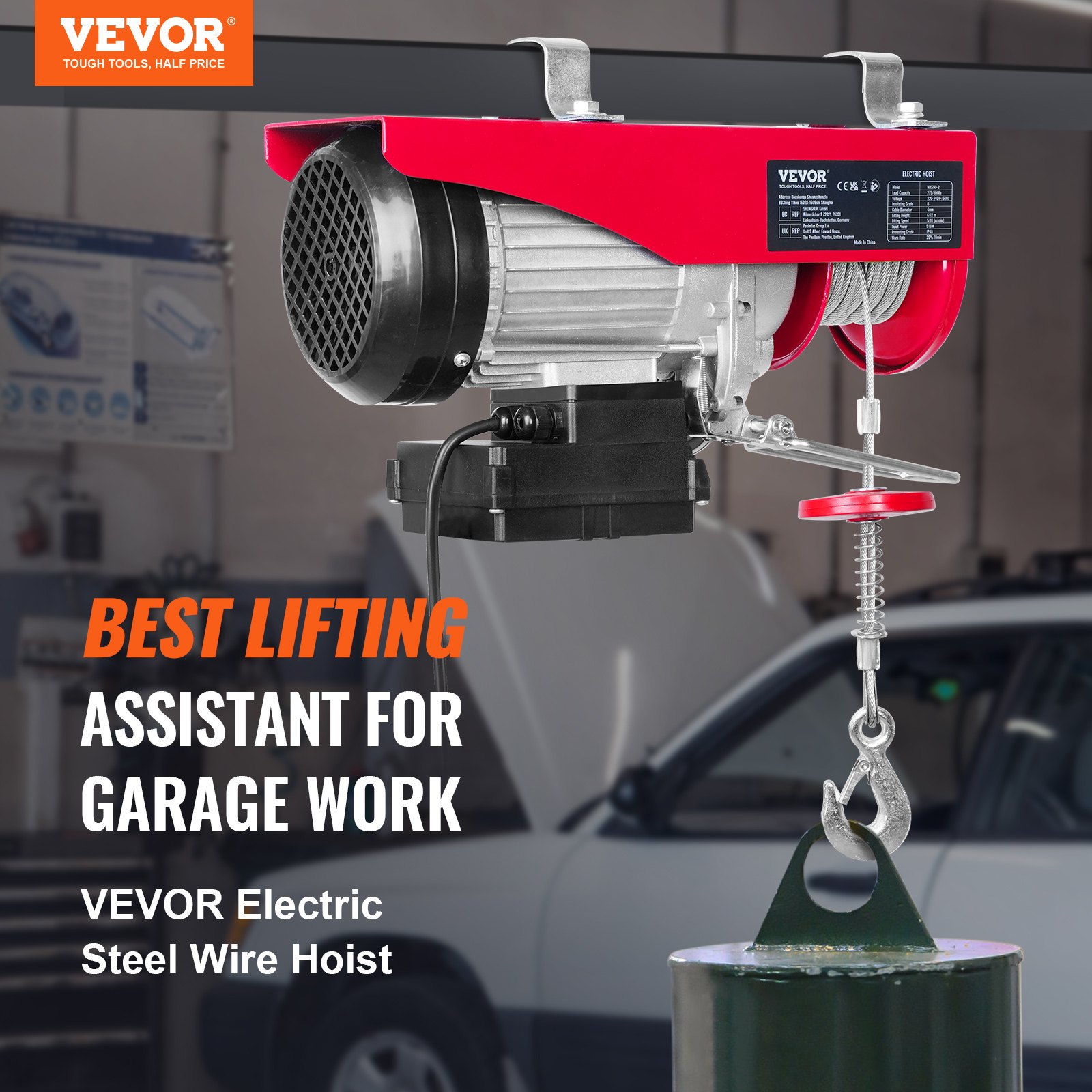 VEVOR Electric Hoist, 249.5 kg Lifting Capacity, 510W 220V Electric Steel Wire Winch with Wireless Remote Control, 1219 cm Single Cable Lifting Height & Pure Copper Motor, for Garage Warehouse Factory