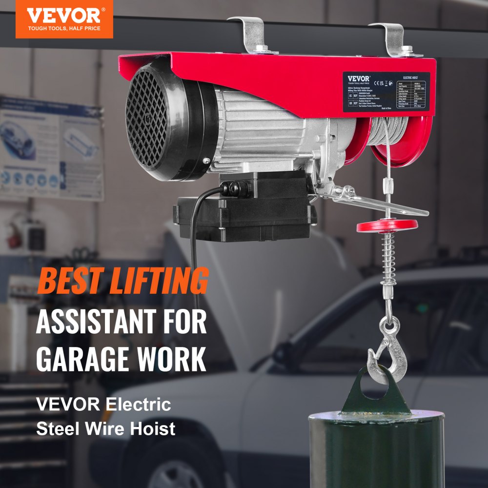 VEVOR Electric Hoist, 399.2 kg Lifting Capacity, 850W 220V Electric Steel Wire Winch with Wireless Remote Control, 1219 cm Single Cable Lifting Height & Pure Copper Motor, for Garage Warehouse Factory