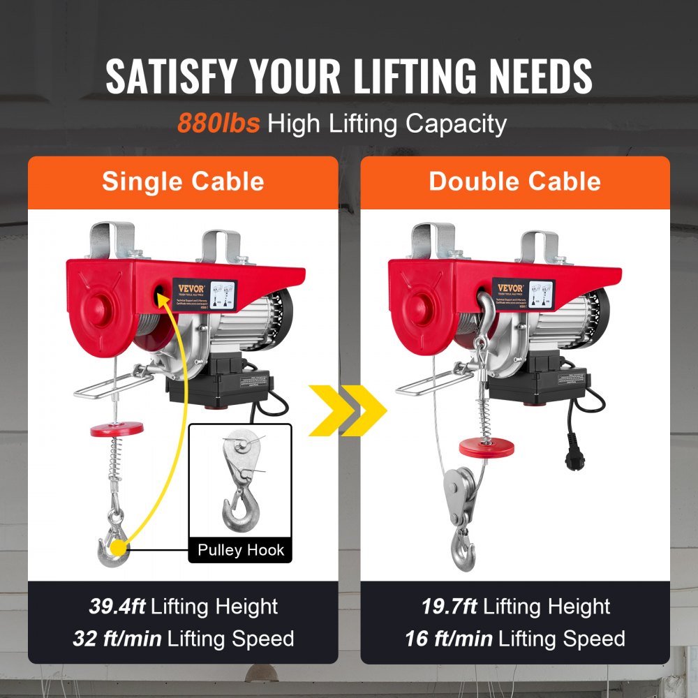 VEVOR Electric Hoist, 399.2 kg Lifting Capacity, 850W 220V Electric Steel Wire Winch with Wireless Remote Control, 1219 cm Single Cable Lifting Height & Pure Copper Motor, for Garage Warehouse Factory