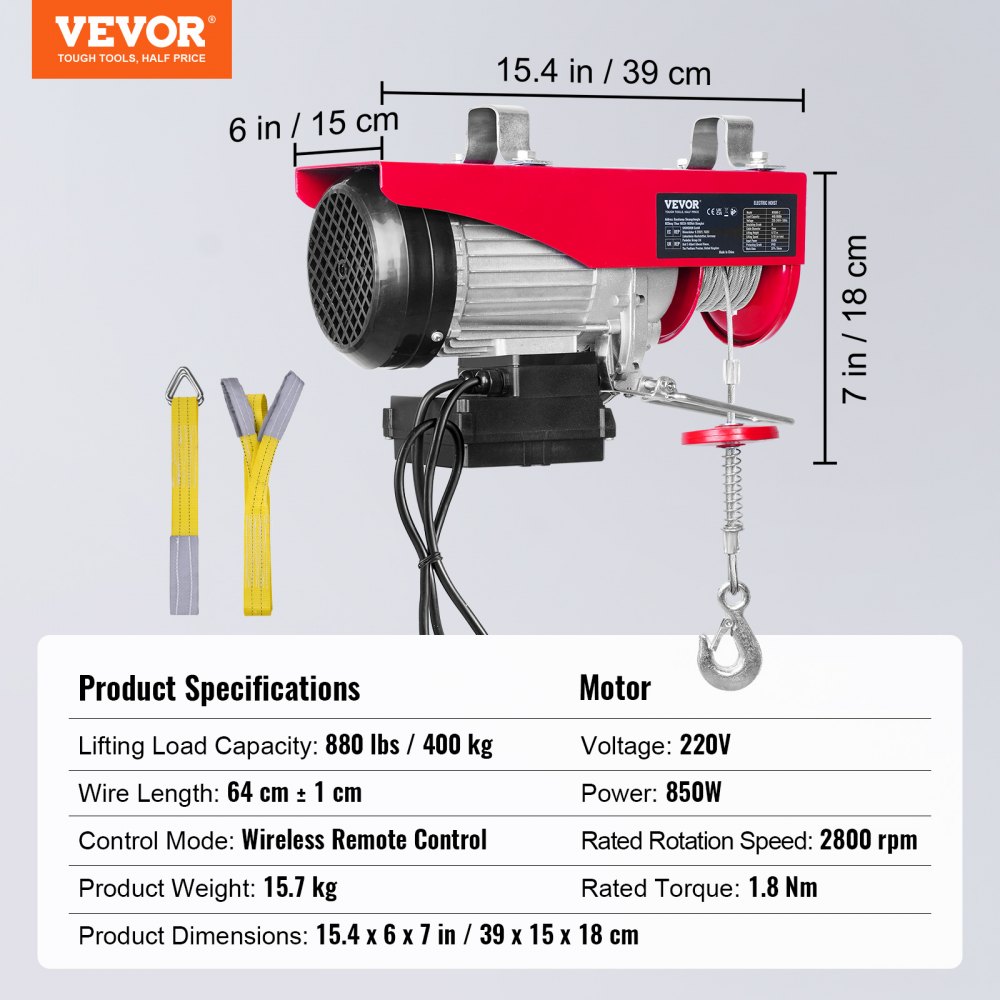 VEVOR Electric Hoist, 399.2 kg Lifting Capacity, 850W 220V Electric Steel Wire Winch with Wireless Remote Control, 1219 cm Single Cable Lifting Height & Pure Copper Motor, for Garage Warehouse Factory