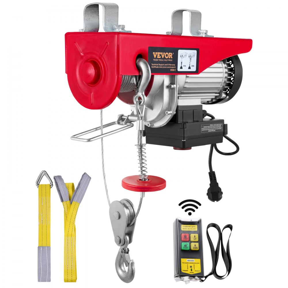 VEVOR Electric Hoist, 399.2 kg Lifting Capacity, 850W 220V Electric Steel Wire Winch with Wireless Remote Control, 1219 cm Single Cable Lifting Height & Pure Copper Motor, for Garage Warehouse Factory