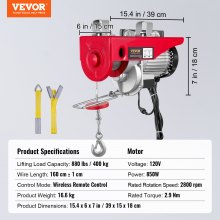 VEVOR Electric Hoist, 880 lbs Lifting Capacity, 850W 110V Electric Steel Wire Winch with Wireless Remote Control, 40ft Single Cable Lifting Height & Pure Copper Motor, for Garage Warehouse Factory