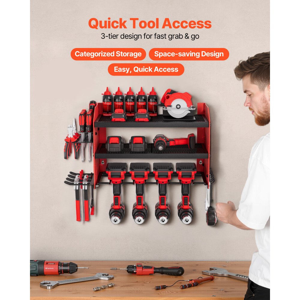 VEVOR Power Tool Organizer Wall Mount, 3-Layer Storage Rack with 4 Drill Holders, Tools Holder and Storage Rack with Side Pegboards, Garage Tool Organizer for Garage, Workbench, and Workshop