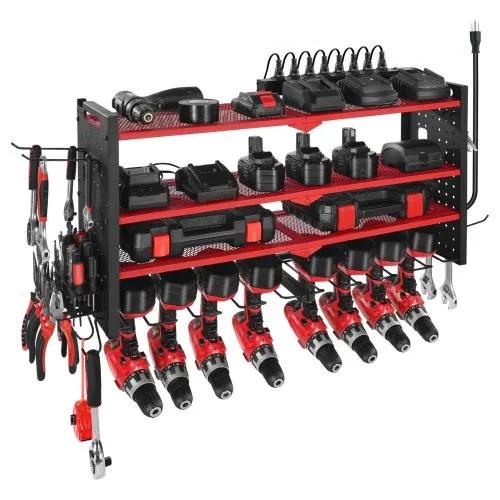 VEVOR Power Tool Organizer with Charging Station, 4-Layer Drill Storage Rack with 8 Drill Holders & Side Pegboard, Garage Tool Organizer Built in 8 Outlet Power Strips for Garage, Workbench, Workshop