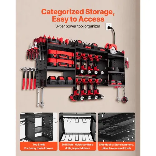 thumbnail image 2 of VEVOR 4-Tier Tool Organizer Cart With Charging Station, 8 AC Outlet, Floor Stand Rolling Drill Holder And Tool Battery Storage Rack On Wheels, Garage Floor Rolling Storage Cart For Workshop, Garage 2 of 12