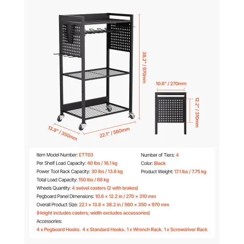 Ratastel tööriistakäru trellihoidikuga, 4 riiulit, 68 kg — pilt 7