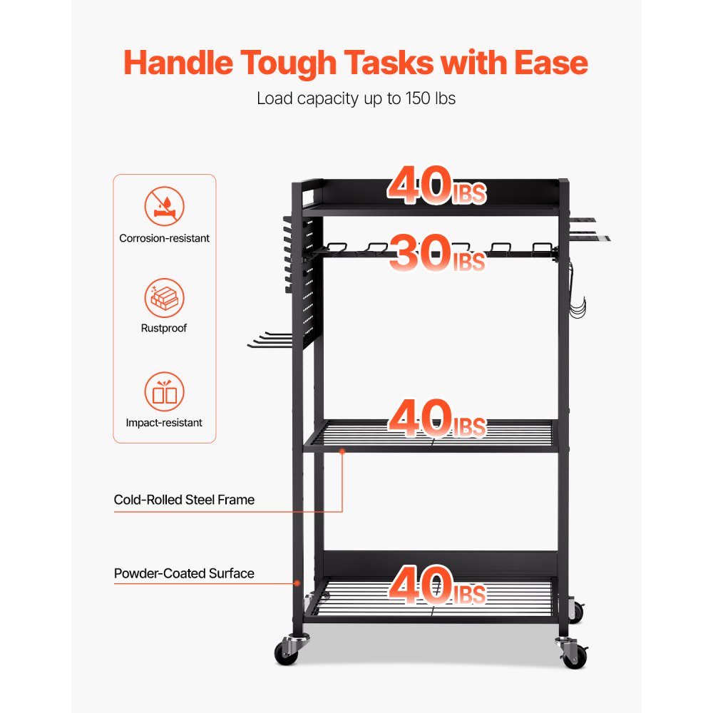 VEVOR 4-tier Tool Organizer Cart, 150 lbs Load Capacity, Floor Stand Rolling Drill Holder and Stability Storage Rack, Heavy Duty Garage Floor Rolling Storage Cart for Workshop, Garage, Black